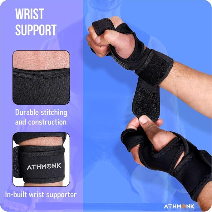 Athmonk Gym Gloves for Men & Women with Wrist Supporter Wrap Strap - Fingerless Half Hand Cut - Stylish Palm Grip